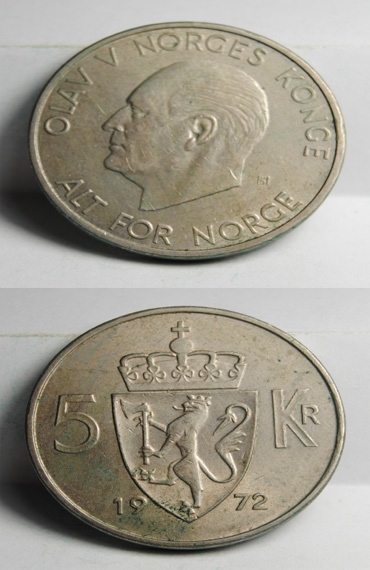 Moneda de 5 Coronas de Noruega 1972